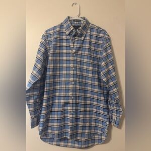 Lands End Dress Shirt Men's 15-32 Supima No Iron Oxford Blue Check Work Career